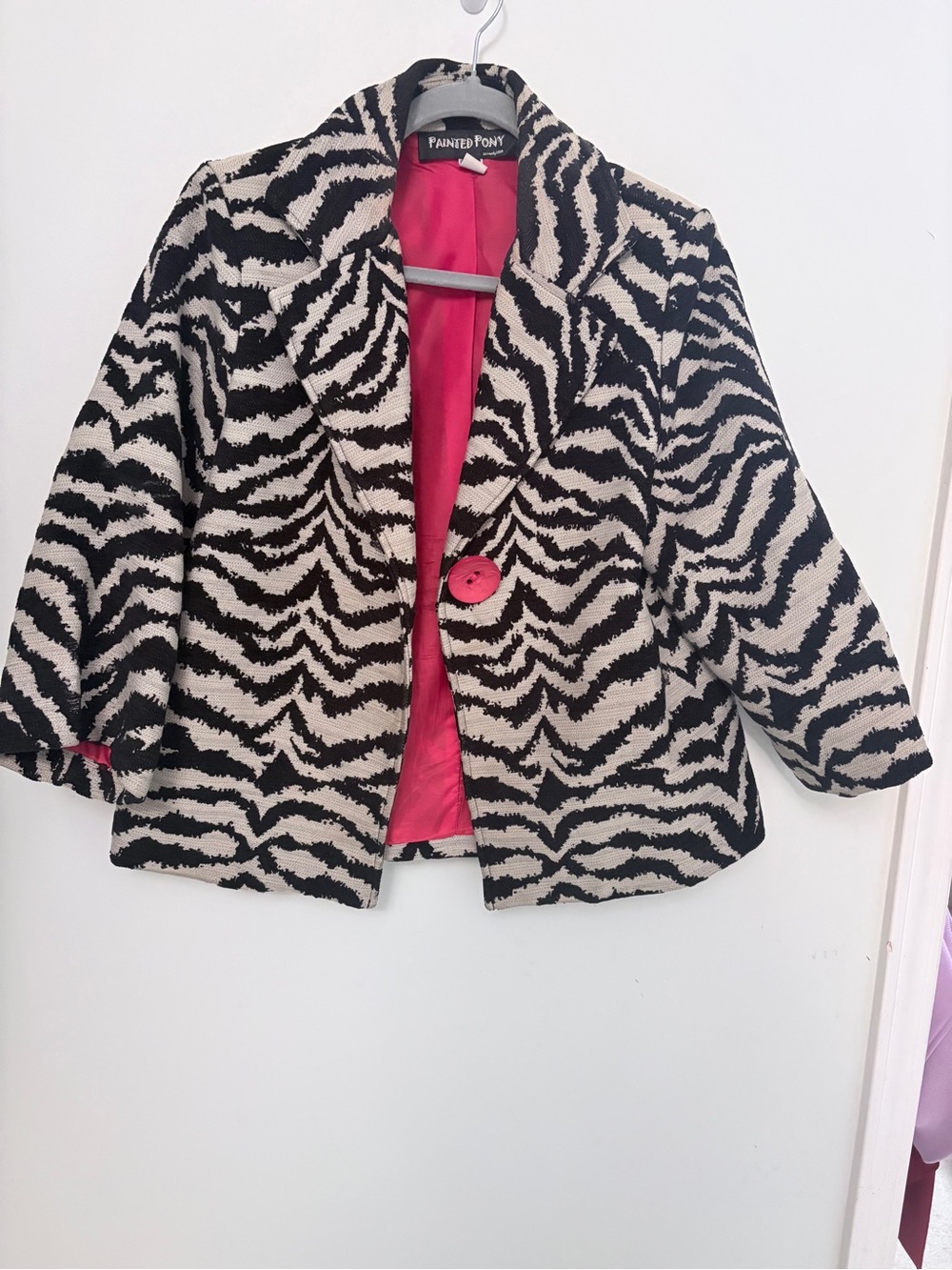 Painted Pony Women's Black & Cream Zebra Blazer with Red Lining